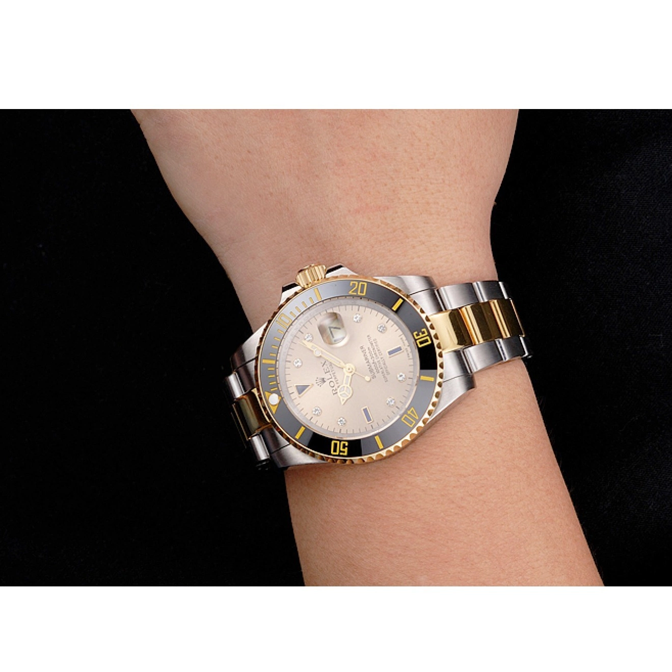 Aaa replica Bezel Black Markings Steel Swiss Diamond Tone Rolex Submariner Bracelet Dial Gold Two Gold 0521